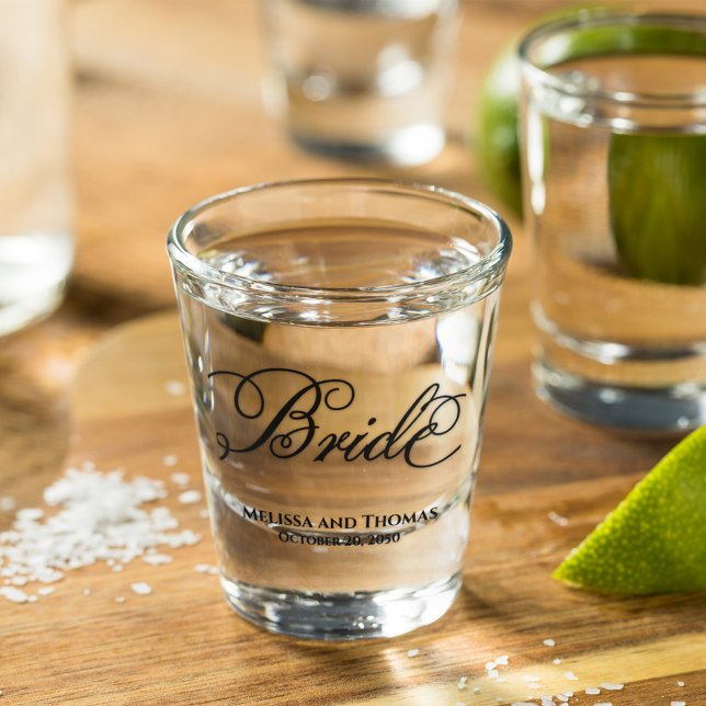 Verre A Shot Simple Calligraphie Script Bride Mariage (Bride custom wedding shot glass)
