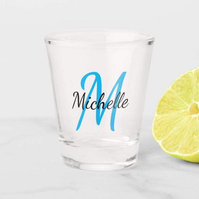 Verre A Shot Simple Moderne Monogramme Bleu Nom + Initial (Devant)