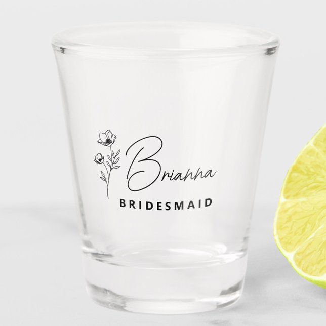 Verre A Shot Simple Moderne Personnalisée Fleur de servante (bridesmaid shot glass with name, wildflower floral bridesmaid gifts, bachelorette favors)