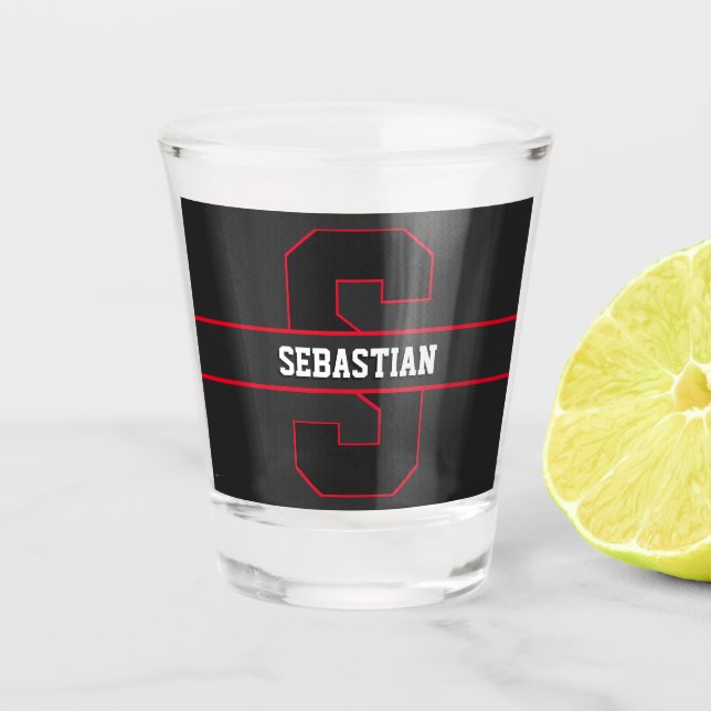 Verre A Shot Simple Noir Rouge Personnalisé Monogramme Sportif (Devant)