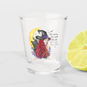 Verre A Shot Sorcière avec chat noir et lune de croissant
