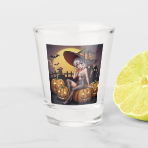 Verre A Shot Sorcière d'Halloween aux Yeux Verts sur des Citrou