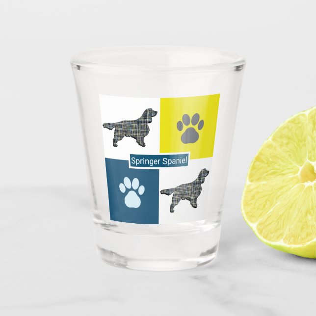 Verre A Shot Springer Spaniel Chien Silhouette et Paw Y&B Grid (Devant)