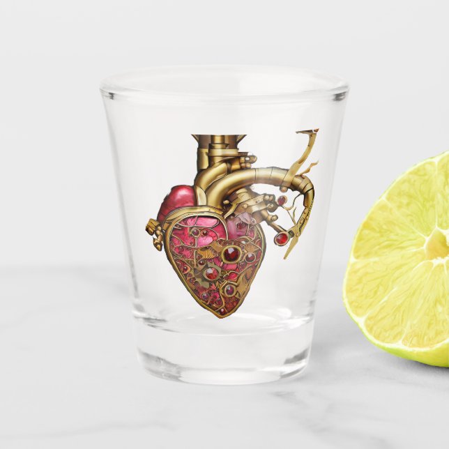 Verre A Shot Steampunk Coeur Anatomique rubis et engrenages (Devant)