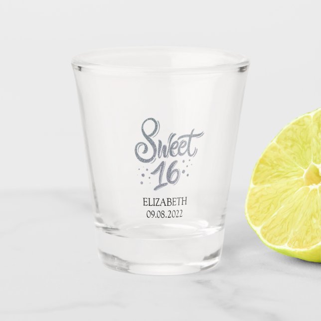 Verre A Shot Sweet 16 Parties scintillant d'argent (Devant)