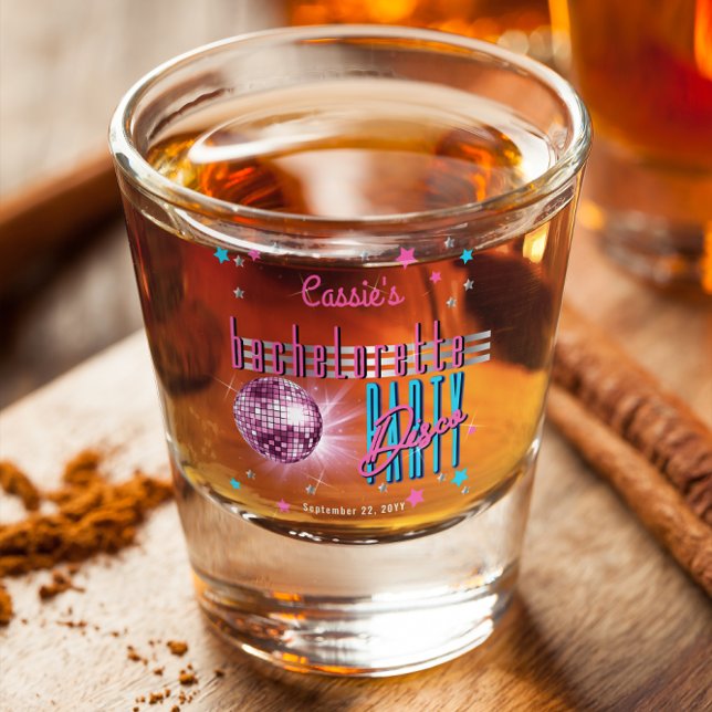 Verre A Shot Thème rétro années 70 néon boule à facettes enterr (Retro 70's Neon Look Disco Ball Bachelorette Party Shot Glass)