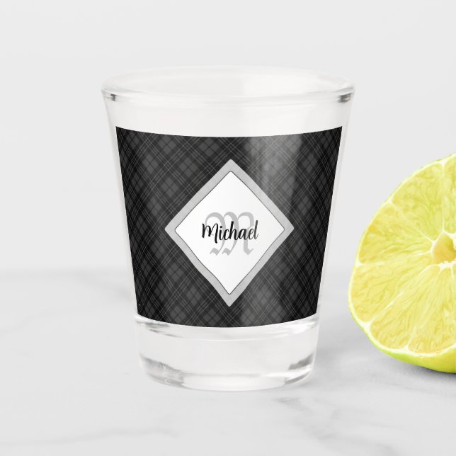 Verre A Shot Trendy noir blanc tartan Personnaliser Monogramme (Devant)