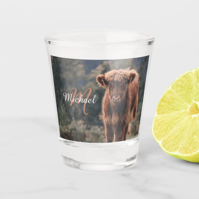 Verre A Shot Vache de Highland calvaire herbe d'automne monogra (Devant)