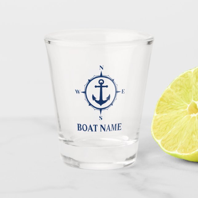 Verre A Shot Votre nom de bateau Bleu Ancre Compass (Devant)