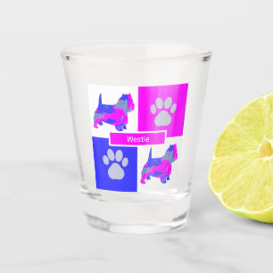 Verre A Shot Westie Silhouette Chien & Paw Pink Blue Carré