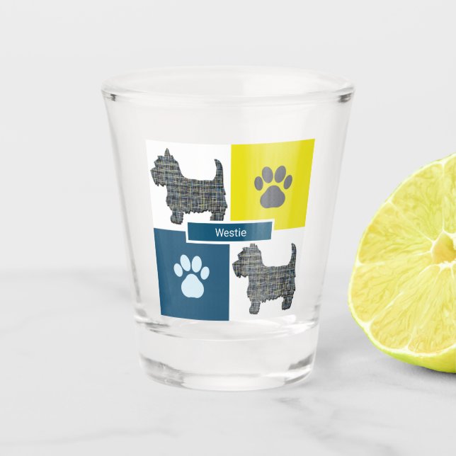 Verre A Shot Westie West Highland Silhouette Dog & Paw Y&B Grid (Devant)
