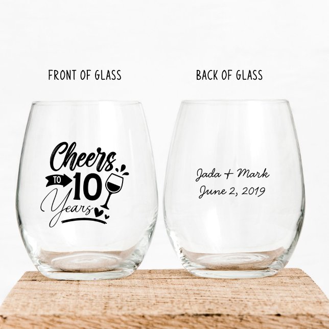 Verre À Vin Sans Pied 10e anniversaire du Mariage Elégante célébration (stemless wine glass to celebrate a 10th wedding anniversary customized with names and date)