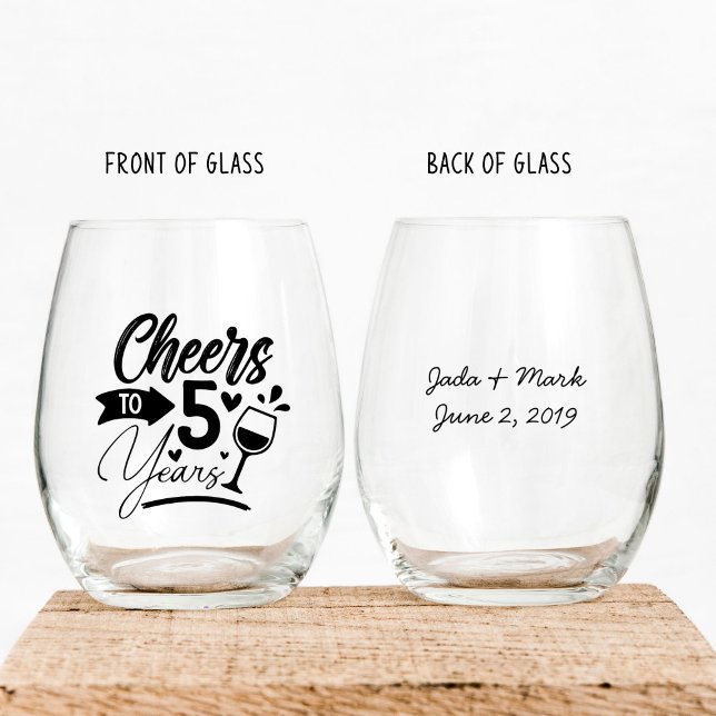 Verre À Vin Sans Pied 5e anniversaire du Mariage Elégante fête (stemless wine glass to celebrate 5th wedding anniversary customized with names and date)