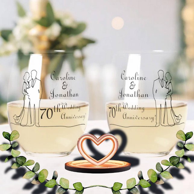 Verre À Vin Sans Pied 70e Mariage Platinum Anniversaire Ligne Art Couple (Créateur téléchargé)