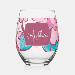 Verre À Vin Sans Pied Abstrait Floral Élégant Nom Personnalisé Rose Bleu