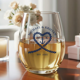 Verre À Vin Sans Pied Ancre de coeur de cordes bleu marine Mariage de mo