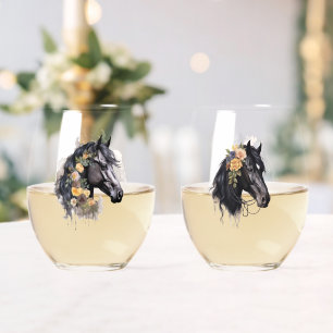 Verre À Vin Sans Pied Aquarelle Cheval Têtes Avec Couronnes Florales