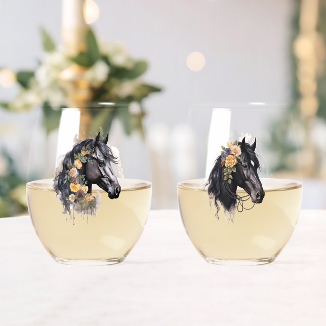 Verre À Vin Sans Pied Aquarelle Cheval Têtes Avec Couronnes Florales (Insitu (Mariage))