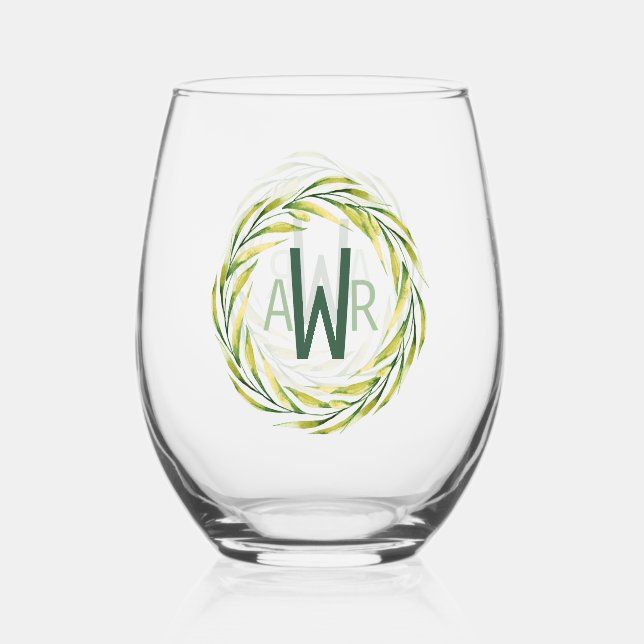 Verre À Vin Sans Pied Aquarelle vert cadre Monogramme ID667 (Recto)
