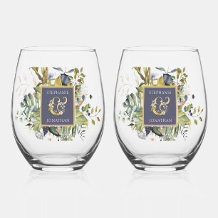 Verre À Vin Sans Pied Beau Mariage Botanique Bleu & Vert