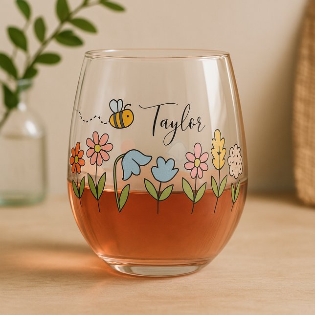 Verre À Vin Sans Pied Bee and Colorful Flowers Personalized Gift (Bee and Colorful Flowers Personalized Gift Stemless Wine Glass by Ricaso  Add custom name. )