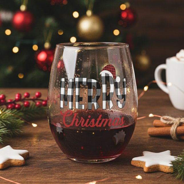 Verre À Vin Sans Pied Bison Mignonne Et Branché Plaid Joyeux Noël (Cute And Trendy Buffalo Plaid Merry Christmas Stemless Wine Glass)