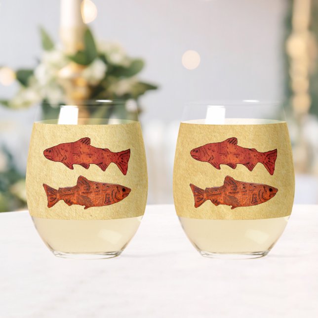Verre À Vin Sans Pied Blue Folk Art Trout/Saumon (Insitu (Mariage))