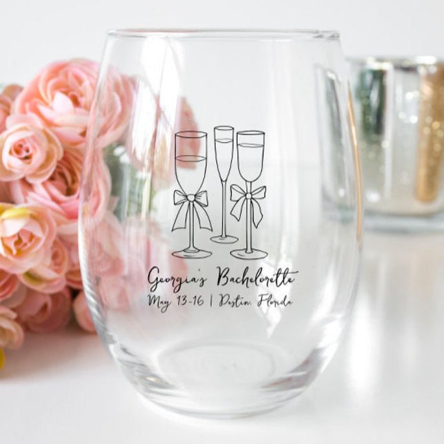Verre À Vin Sans Pied Bow Modern Script Bachelorette Party Personnalisé (Créateur téléchargé)