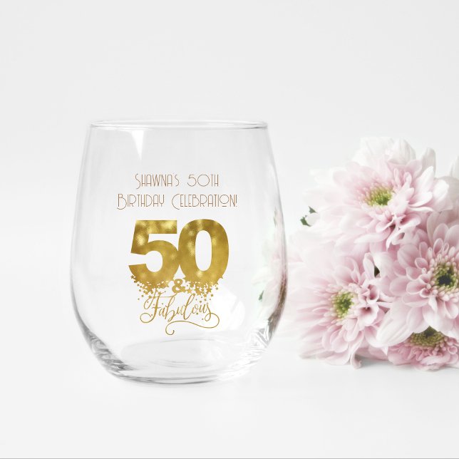 Verre À Vin Sans Pied Bridesmaid Cadeau, Moderne Élégant Monogramme Sans (custom stemless wineglass for 50th birthday in gold design)