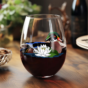 Verre À Vin Sans Pied Canard en bois coloré nénuphar faune bleu