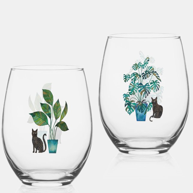 Verre À Vin Sans Pied Chat avec Plante Maison Aquarelle (Watercolor cat with house plant art glasses)