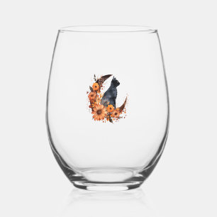 Verre À Vin Sans Pied Chat Noir Sur Lune Florale Citrouille Chat Noir Ha