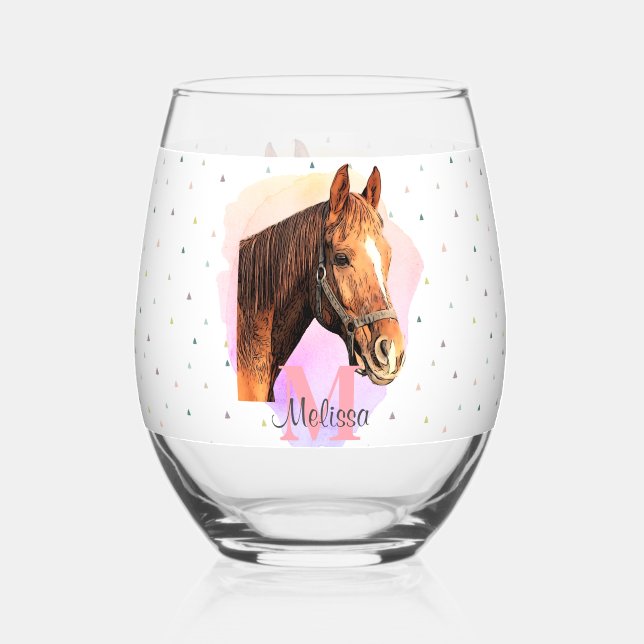 Verre À Vin Sans Pied Cheval Equestre animal Monogramme Motif rose (Recto)