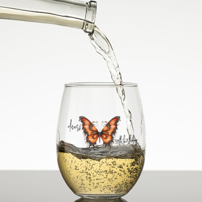 Verre À Vin Sans Pied Chic Steampunk Papillon industriel victorien (Steampunk orange and black monarch butterfly on customizable stemless wine glass for celebrations. )