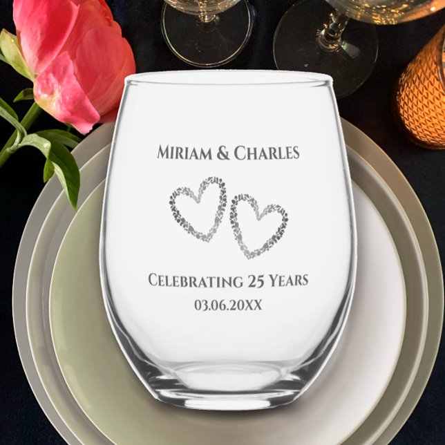 Verre À Vin Sans Pied Coeur moderne élégant personnalisé 25e anniversair (Add couple’s names and 25th anniversary date for elegant simple keepsake glass 25th anniversary gift)