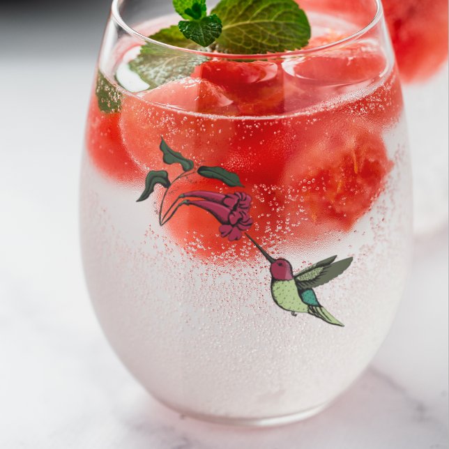 Verre À Vin Sans Pied Colibri moderne (Beautiful Hummingbird Visiting a Tropical Flower. Hand-Drawn in Black Ink. )