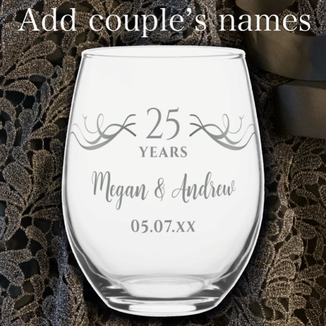 Verre À Vin Sans Pied Couples Names 25th Wedding Anniversary Gift (Custom keepsake 25th wedding anniversary glass. Add couple’s names and date. Elegant modern gift.)