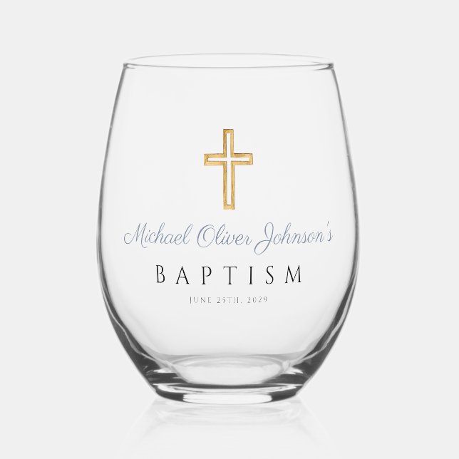 Verre À Vin Sans Pied Croix religieuse bleu Dusty Script garçon Baptême (Recto)