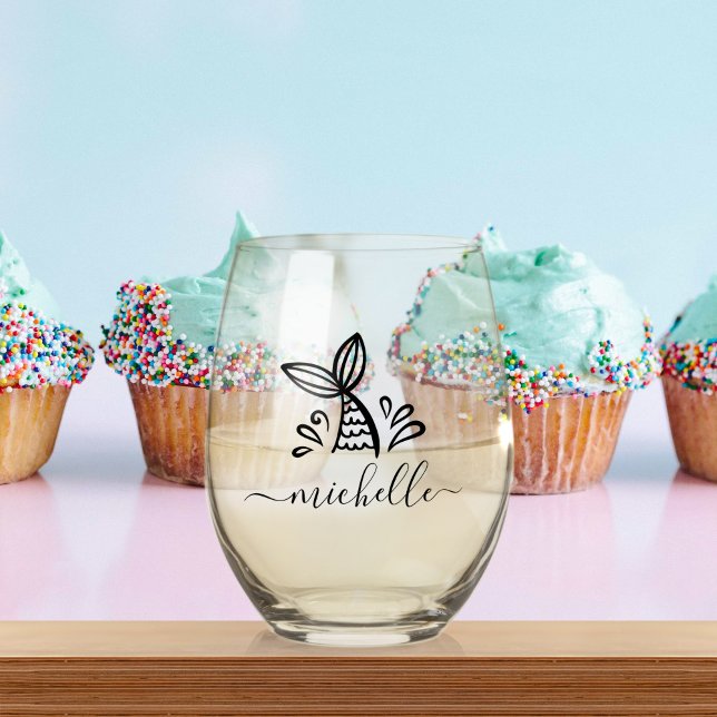 Verre À Vin Sans Pied Cute Mermaid Nom personnalisé Enfants Cadeau (Créateur téléchargé)
