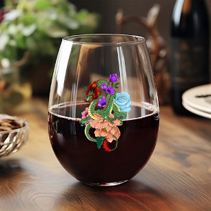 Verre À Vin Sans Pied Dragon Chinois Vert Mystique Floral Bleu Marine