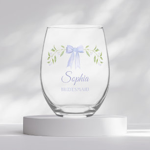 Verre À Vin Sans Pied Elégant Dusty Blue Bow Nom Bridesmaid Proposition