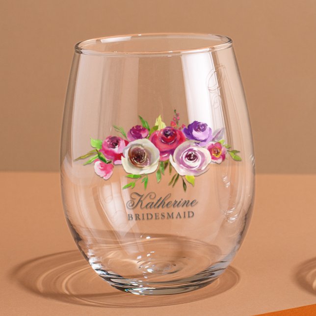 Verre À Vin Sans Pied Élégant Mariage Fuchsia Rose Floral Bridesmaid (Créateur téléchargé)