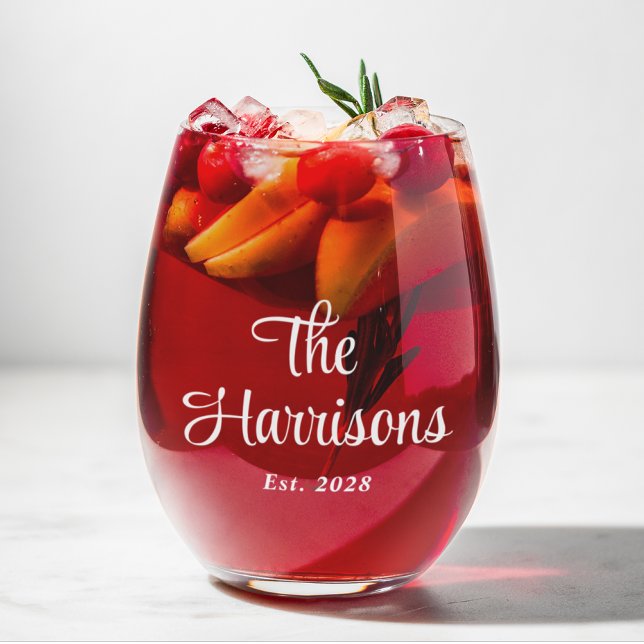 Verre À Vin Sans Pied Élégant Monogramme de famille de script blanc (Créateur téléchargé)