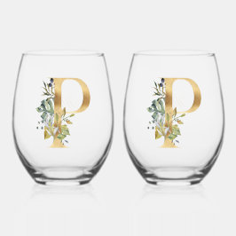 Verre À Vin Sans Pied Elégant or décoratif initial P avec verdure