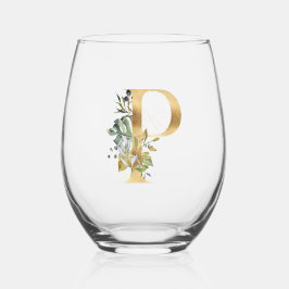 Verre À Vin Sans Pied Elégant or décoratif initial P avec verdure
