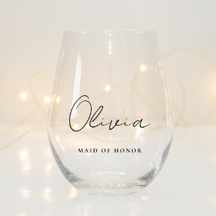Verre À Vin Sans Pied Élégant Script Monogramme Maid Of Honor Mariage