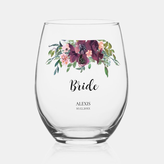 Verre À Vin Sans Pied Élégante fête de mariée florale (These beautiful floral wine glasses are a practical gift that she can use even after her wedding day)