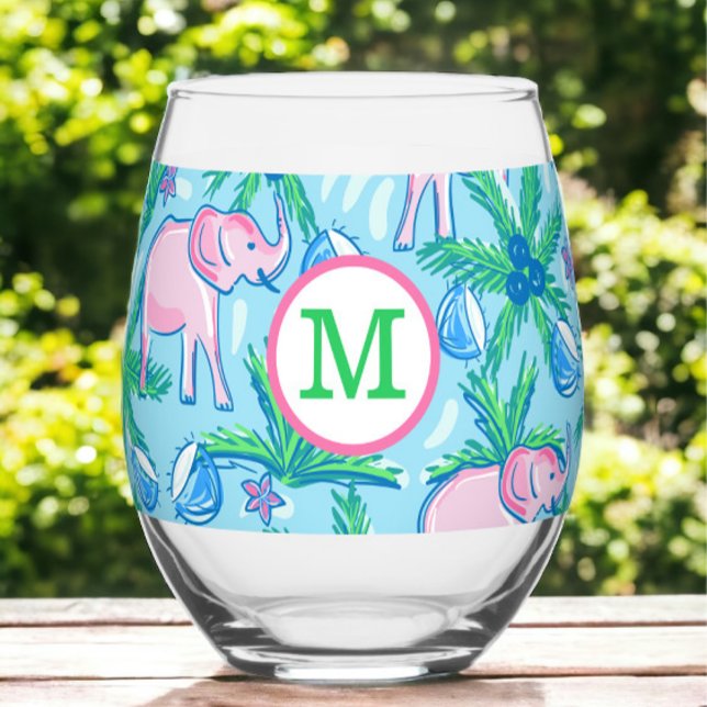 Verre À Vin Sans Pied Élément de monogramme prépa éléphant rose palmier  (Créateur téléchargé)