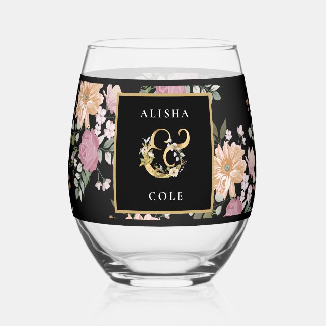 Verre À Vin Sans Pied Fleurs d'été sur Mariage noir (Recto)