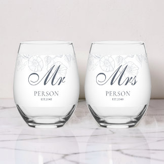 Verre À Vin Sans Pied Fleurs Toile Monsieur Madame Bleu Poussiéreux Mari